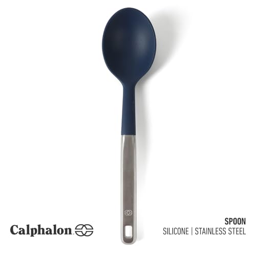 Image of Calphalon Prime Kitchen Spoon, Kitchen Cooking Spoon, Silicone Spoon, Stainless Steel Spoon with Navy Silicone Head High-Heat Resistant for Nonstick Cookware, Ergonomic Handle for Stirring