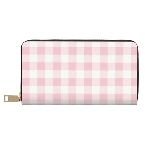 Leather Thin Slim Wallets for Women & Men - Pink Checkboard A Print Card Wallet Holder with Zipper