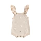 Infant Baby Girl Sleeveless Knit Romper Onesie Embroidery Floral Strappy Sweater Romper One Piece Bodysuit Pullover (Beige, 6-12 Months)