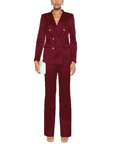 Women Satin Suits 2 Piece Double Breasted Peak Lapel Blazer Outfits Dinner Party Wedding Blazer Pantsuit Set
