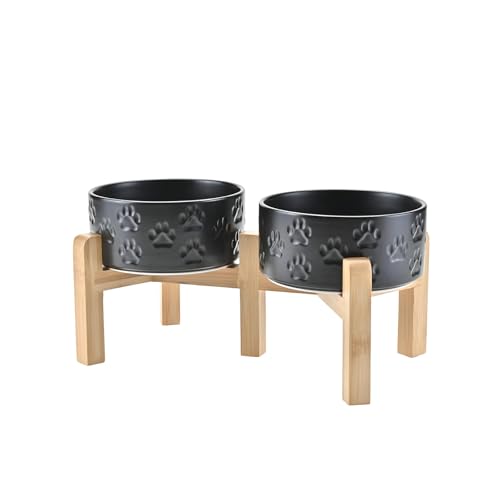 SPUNKYJUNKY Elevated Dog Bowls Ceramic, 6.1'' Dogs and Cat Food Water Bowls Raised with Non-Slip Bamboo Stand for Medium Sized Breed Microwave Dishwasher Safe - 28.7 OZ,Paw Black by SPUNKYJUNKY - Used condition - US$34.40