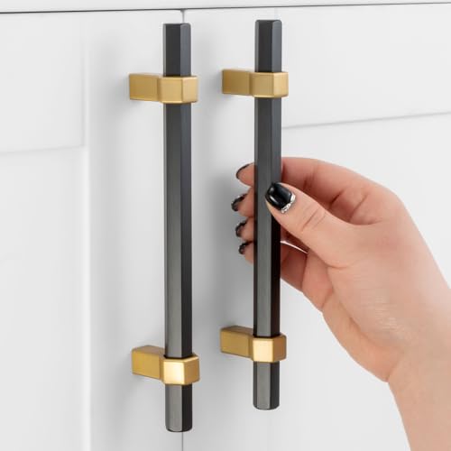 ASKANO 10 Pack 5 Inch Hole Centers, Black and Gold Cabinet Pulls Matte Black and Brushed Gold Cabinet Handles AP1310 Kitchen Hardware for Cabinets Drawers Dresser Cupboard Bedroom Bathroom Vanity