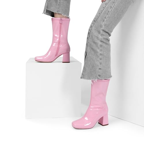 DREAM PAIRS Women's Mid Calf Gogo Boots Low Block Heel Square Toe Ankle Boot with Zipper for Party Cosplay Dance,Size 9,Pink,SDMB2301W-1
