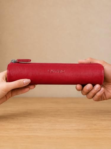 Image of Calfnero Genuine Leather Pen-Case for Men & Women | Premium Leather Pencil-Pouch with Zipper (Red) | Cylindrical Pen-Holder Organizer for Pen, Pencils & Stationery | Unisex Pen-Sleeve