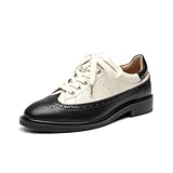 BEAU TODAY Oxford Shoes for Women, Wingtip Brogue Leather Oxfords, Lace Up Saddle Oxford Shoes for Women, Vintage Dress Flat Oxfords, Comfortable Casual Business Office Work Shoes Black-White US 6