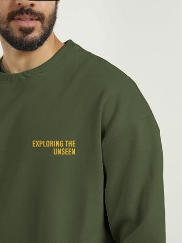 Image of Nobero Men's Graphic Printed Oversized Sweatshirt | Cotton Rich Fleece Round Neck Pullover | Relaxed Fit Casual Winter Wear for Men