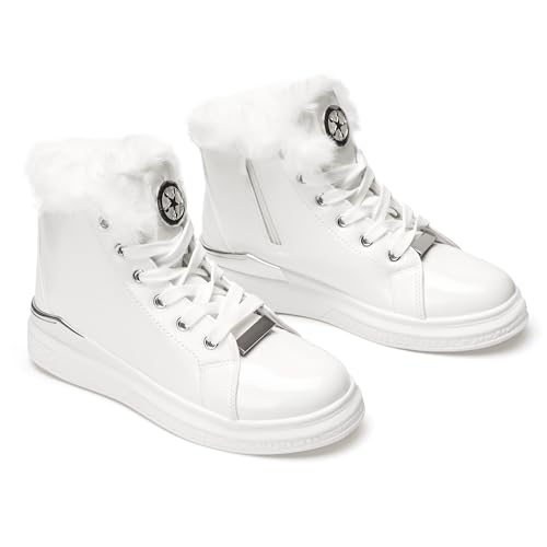 Botas cálidas de Invierno para Mujer: Zapatillas Antideslizantes con Forro de Piel sintética, Cremallera Interior, Impermeables, cómodas, con Cordones, para Caminar al Aire Libre.-White Silver-41