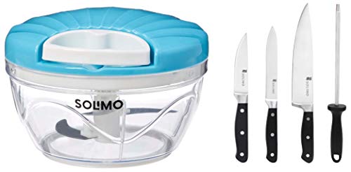 Amazon Brand – Solimo 500 ml Large Vegetable Chopper with 3 Blades, Blue + Amazon Brand – Solimo Premium High-Carbon Stainless Steel Kitchen Knife Set, 4-Pieces