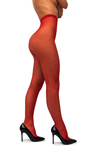 sofsy Fishnet Tights Pantyhose - High Waist Net Nylon Stockings - Lingerie [Made In Italy] Red 1/2 - X-Small/Small
