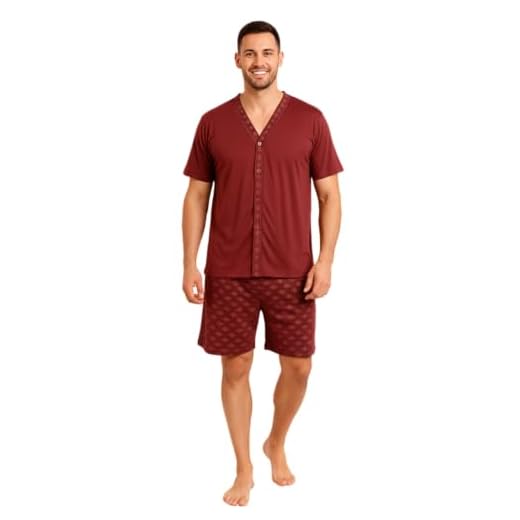 Pijama Masculino Adulto Botão Gola V Manga Shorts Curto Quentinho Macio Confortável (Bordô, G)