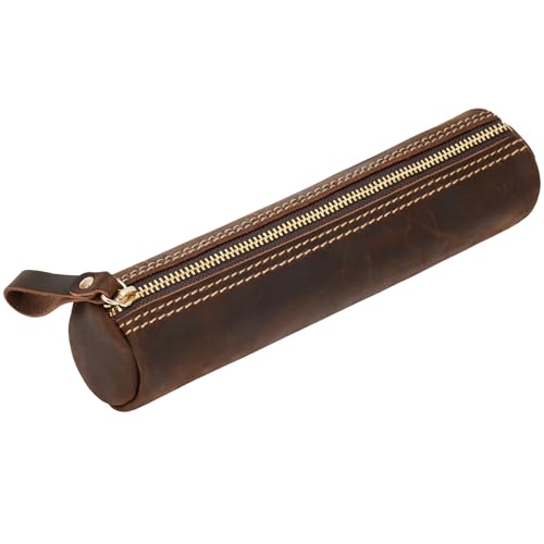 Image of ECHSRT Genuine Leather Pencil Pouch, Classic Cylinder Pen Bag - Coffee | Full-Grain Cowhide Leather, Crazy Horse Finish, Single Zipper, Vintage Pen Organizer for Adults