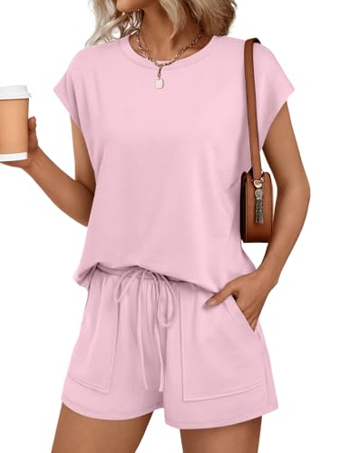 Image of AUTOMET Womens Crew Neck Two Piece Short Sets Cap Sleeve Drawstring Summer Sweatsuit with Pocket