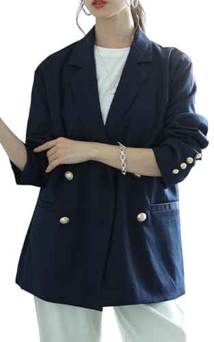 [sawa á la mode] プレッピー マニッシュ な ブレザー ダブル ジャケット レディース ファッション アウター ジャケット ブレザー テーラード ダブル 長袖 金ボタン aldt-311a3393 Free Size ネイビー - sawa á la mode - 商品画像