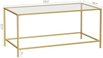 Glass Coffee Table, Modern Rectangular Coffee Table for Living Room, Minimalist Center Tea Table with Sturdy Metal Frame for Apartment, Office, Easy Assembly, 39.4 x 19.7 x 17.7 Inches, Golden