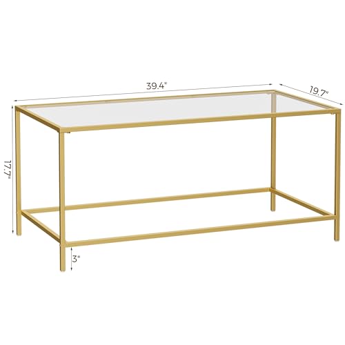 Homleke Glass Coffee Table, Modern Rectangular Coffee Table for Living Room, Minimalist Center Tea Table with Sturdy Metal Frame for Apartment, Office, Easy Assembly, 39.4 x 19.7 x 17.7 Inches, Golden