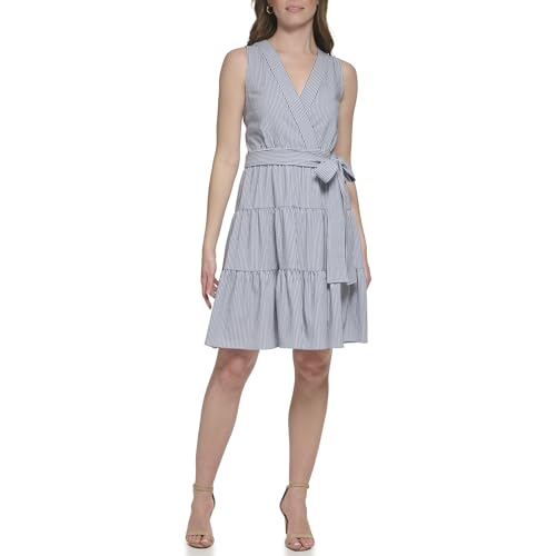Image of Tommy Hilfiger Women's Sleeveless V-Neck Tie Waist Tiered Mini Dress