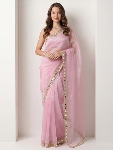 Image of AKHILAM Women's Shimmer Net Solid Saree With Unstitched Blouse Piece