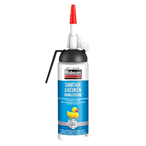 Henkel Rubson, BAD KÜCHE Silikon Dichtstoff, schimmelresistent ausgestattetes, langlebiges Silikon für Küche und Bad, leicht zu verarbeiten, wasserdichter Fugenfüller, 100ml Spender, Farbe Weiß (1) Cover