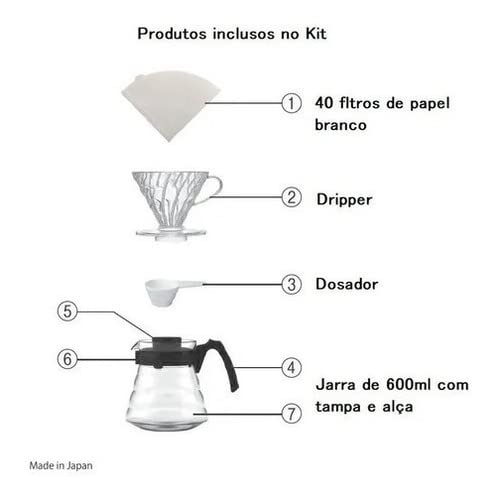 Combo Cafeteira Hario V60-02 + Chaleira Inox Original Pescoço de Ganso 700ml + 40 Filtros Hario v60-