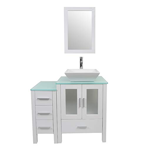 KINGRAN 36" Modern White Bathroom Vanity MDF Cabinet with Glass Top and Square Ceramic Vessel Sink Set,Mirror Included