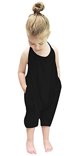 RAISEVERN Baby Girl Rompers Backless Slouch Jumpsuit Toddler Kid Jumper Cute Dinosaur Summer Beach Pants Halter Holiday Plain Bodysuit Black, 2-3T