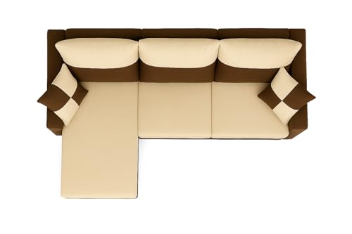 Image of FURNY Arissa 4 Seater Fabric LHS L Shape Sofa Set with Exta Cushions (Cream-Dark Brown) Premium Velvet Finish | Ideal of Living Room