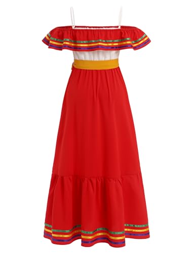 Mexikanisches Kleid für Damen, Cinco De Mayo Fiesta, schulterfrei, Rüschenkleid, Gürtel, Sommer, Strand, Farbblock, Regenbogenstreifen, Rew White, XXL