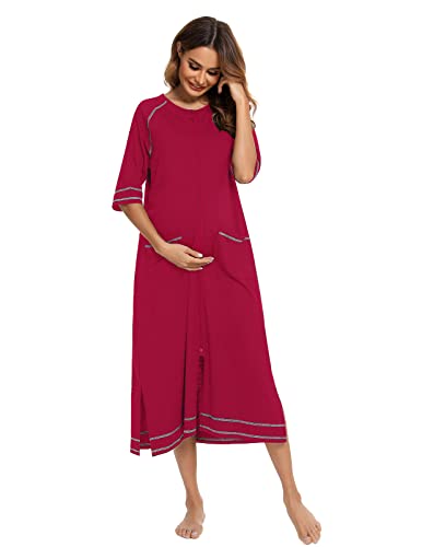 Image of Veseacky Women Robe Zipper Front House Coat 3 /4 Sleeve Nightgown Full Length Ladies Lounge Dress with Pockets S-XXL