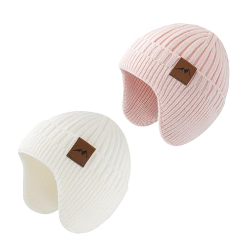 SEYUFN Mädchen Mütze Jungen Baby Wintermütze Kinder Babymütze Winter Strickmütze Junge Dinosaurier Beanie Kinder Warm (DE/NL/SE/PL, Alter, 3 Jahre, 8 Jahre, A-Rosa&Weiß)