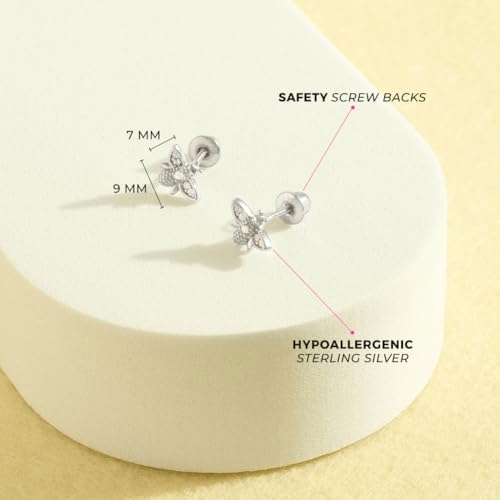 925 Sterling Silver Polished Honey Bee Earrings With Clear Cubic Zirconia Stones For Little Girls - Small Bee Shaped Earrings For Young Preteen Girls - Bug Earrings For Nature Lovers4