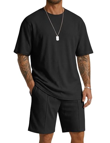 COOFANDY Mens 2 Pieces Outfits Casual Cotton T Shirt and Shorts Set Summer Short Sleeve Waffle Tracksuits