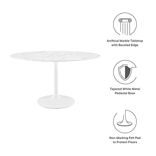 Image of Modway Lippa 54 inch Oval-Shaped Mid-Century Modern Dining Table with Artificial Marble Top and White Base