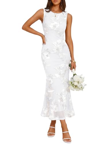 ZESICA Womens 2026 Summer Floral Wedding Guest Midi Dress Sleeveless Mesh Slit Bodycon Formal Cocktail Party Dresses White Small