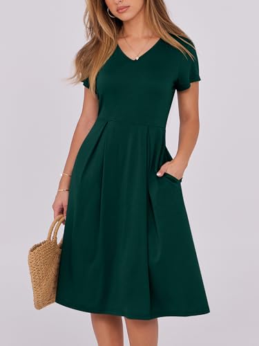 Image of ANRABESS Women Summer Dress Casual Short Sleeve V Neck A-Line Knee Length Pleated Flowy 2026 Fashion Midi Dresses with Pocket