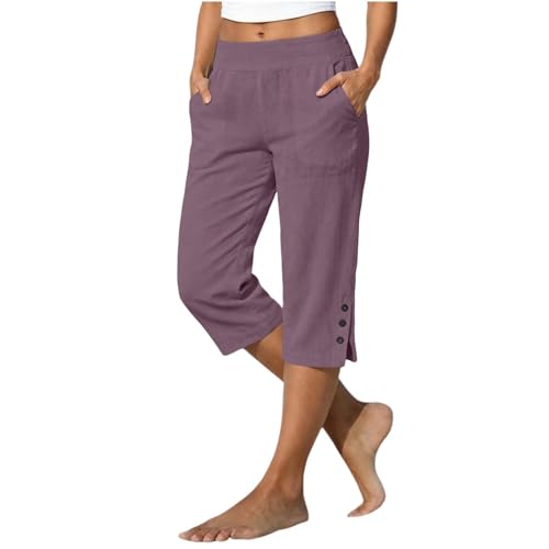 Pantalon capri d'été en lin anti-transpiration à taille élastique ajustable pour femme