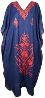 Mogul Interior Womens Kaftan Maxi Dress Blue Red Embroidered Mxidress L-2XL