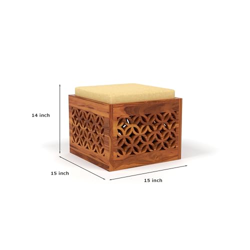 Image of Solid Sheesham Wood Coffee Table with 4 Stool | Center Table with 4 Stools for Living Room | Rosewood Teapoy Table with Cushioned Stool (CNC,Honey Finish)