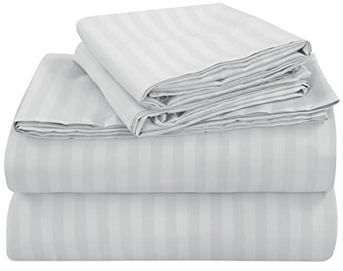 ROYALE LINENS 4 Piece Queen Sheets Set - Soft Brushed 1800 Microfiber Bedding - 1 Fitted, 1 Flat Sheet, 2 Pillow Cases - Wrinkle Free & Fade Resistant - Hotel Luxury Bed Sheets (Stripe Silver, Queen)
