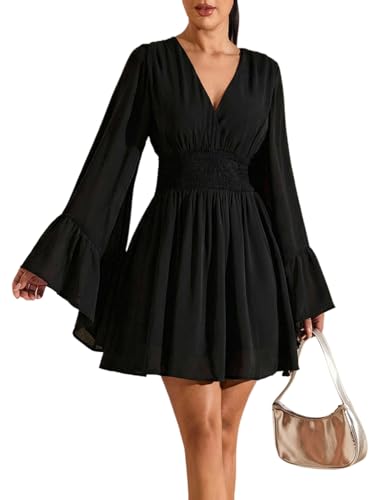BEAUDRM Women's Plus Size Boho Western Dress Bell Sleeve Cowgirl Hippie Mini Dress Mesh A Line Casual Flowy Dresses Black Medium
