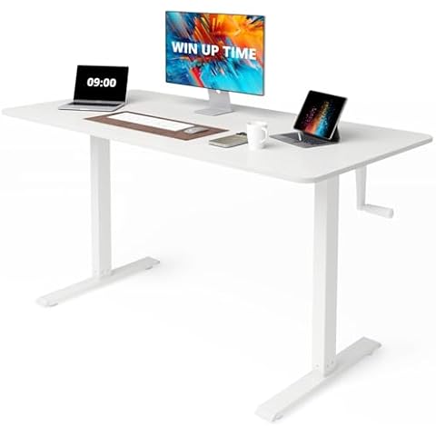 Win Up Time Whole Piece Top Manual Standing Desk Adjustable Height- Crank Stand Up Desk, Sit Stand Desk with Frame & Desktop, Computer Desk Cover