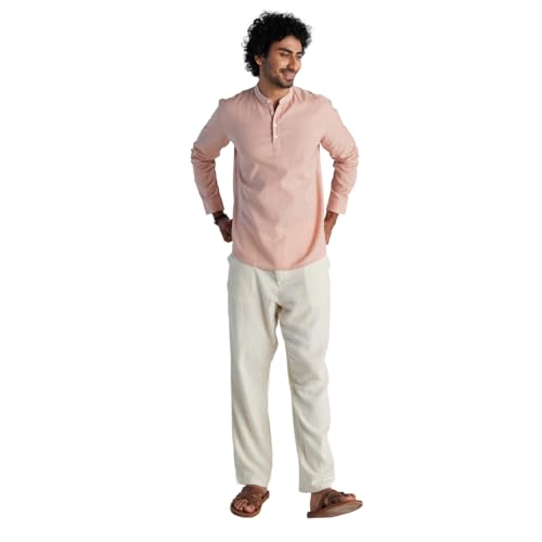 Image of SAADAA Men's Short Kurta - Linen Cotton Blend, Airy Fabric, Regular Fit, Mandarin Collar, Solid Color - Casual, Festive & Ethnic Wear