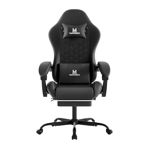 Image of Gaming Chair, Computer Office Chair with Footrest, Adjustable Height & Backrest Gaming Chairs with Swivel for Adults, High Back PU Leather Ergonomic Chair with Lumbar Support, Black