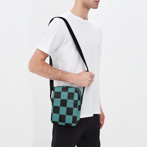 MCHIVER Small Messenger Bag Dark Teal Checkerboard Plaid Crossbody Bag for Men Women Travel Purse Wallet for Cycling Hiking Running3