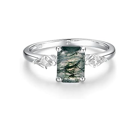 ITI KUOLOLIT Natural Moss Agate Gemstone Rings for Women Solid 925 Sterling Silver Ring for Girl Trendy Emerald Cut Engagement Wedding, Gemstone, Agate Cover