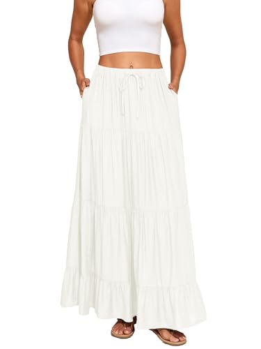 Capuffy Women Summer Boho Flowy Swing Maxi Skirt Tiered A-Line Skirts Elastic Waist Ruffles Pleated Beach Skirt with Pockets