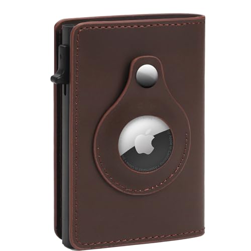 Mens Smart Wallet Card Holder for AirTag - Leather, Mens Minimalist Wallet with Apple Air Tag Holder, Slim Smart Pop up Card Case, ID Window, RFID Blocking (No Airtag Included) (Dark Brown)