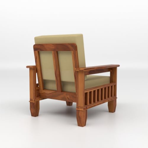 Image of Solid Sheesham Wood 1 Seater Sofa for Living Room | Premium Wooden Armchair with Side Magazine Rack | Cushioned Fabric Seat | Modern Single Sofa Chair for Home & Office