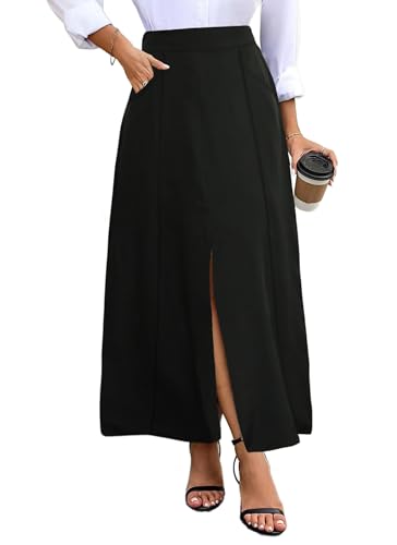 POPZONE Women's Maxi Skirts Elastic High Waist A-Line Skirts Front Split Skirts for Women with Pocket