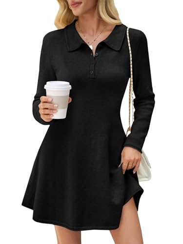 Saodimallsu Womens Sweater Dress 2025 Fall Polo Collared Long Sleeve Button V Neck A line Preppy Knit Dresses