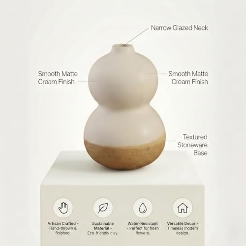 Image of Ceramic Stone Vase for Home Decor Ceramic Vase for Pampas Grass, Abstract Bubble Stacked Pebble Design, Minimalist Ceramic Vases for Flowers (White Beige)